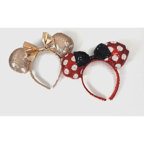 Disney Other - Disney Parks Minnie Mouse Headband Set 2 Sequin Gold Red Polka Dot Black Bow Ear